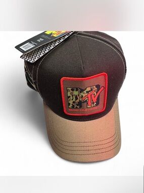 MTV Black Cap with Brown Brim and Red Patch